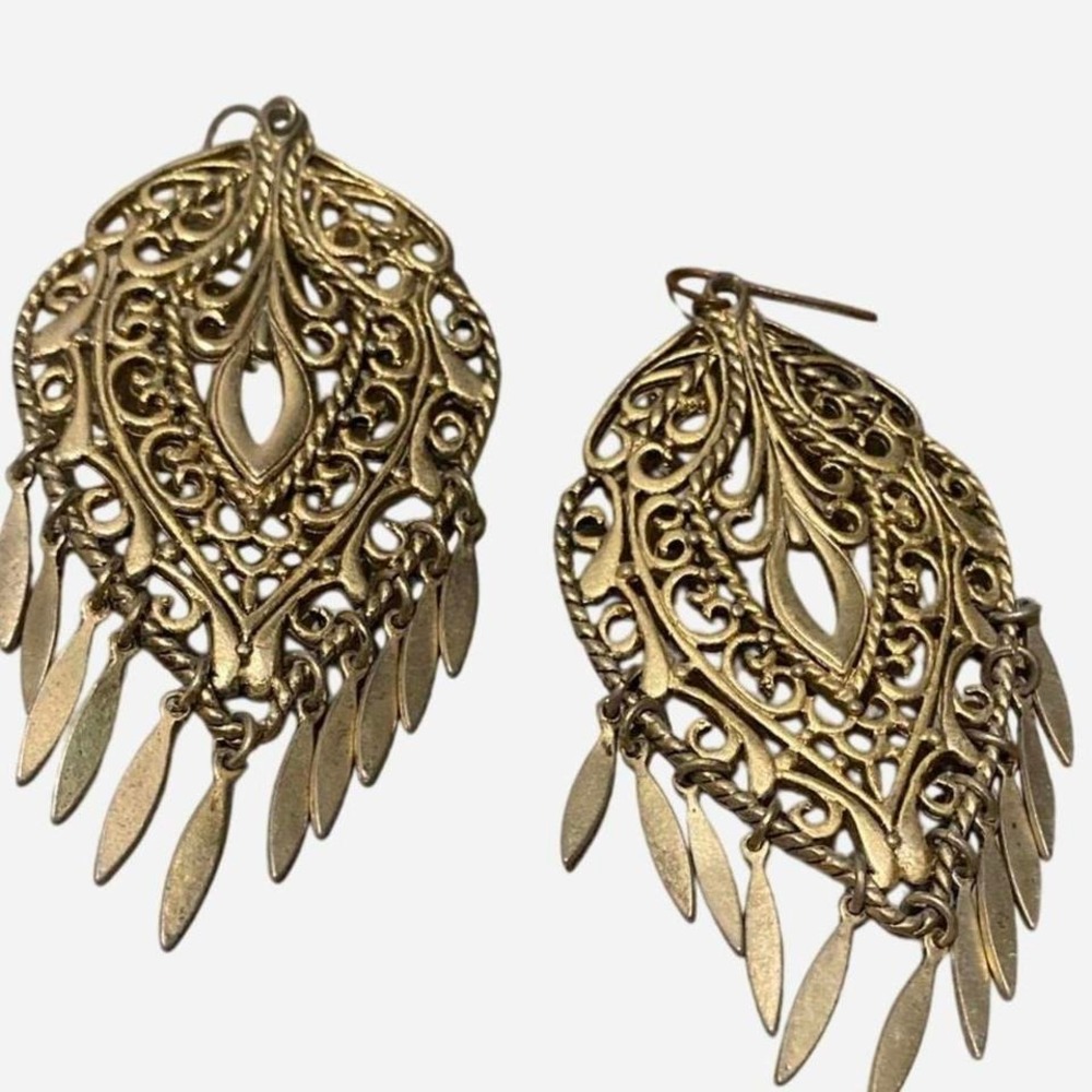 Vintage inspired Victorian gold tone filigree earrings with dangling leafs